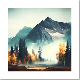 Misty Mountain with Colorful Autumn Trees Posters and Art